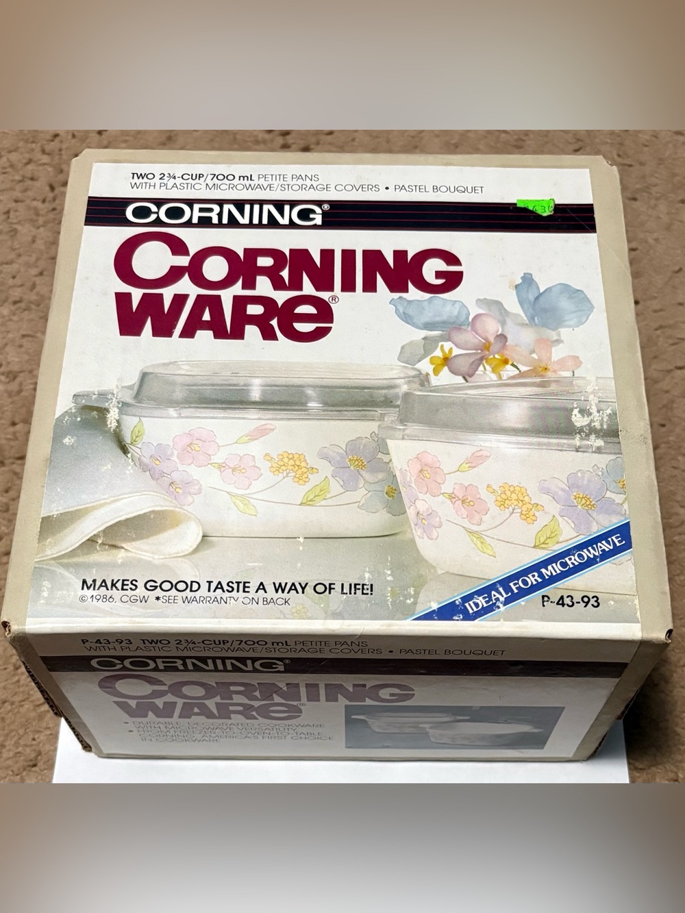 1986 Corning Ware Pastel Bouquet 2 Petite Pans w/ Plastic Microwave/Storage Lid